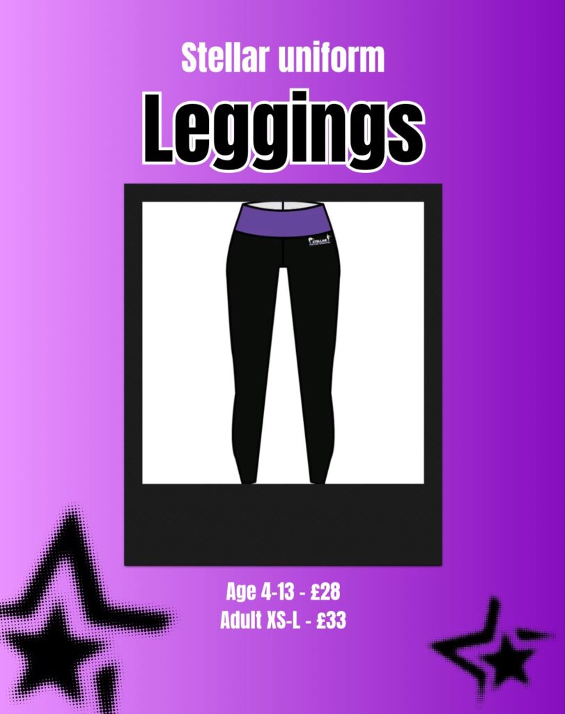 Banner ad for Stellar Uniform Leggings showing black leggings with a purple waistband on a framed display. Sizes and prices listed (ages 4–13, adults XS–L).