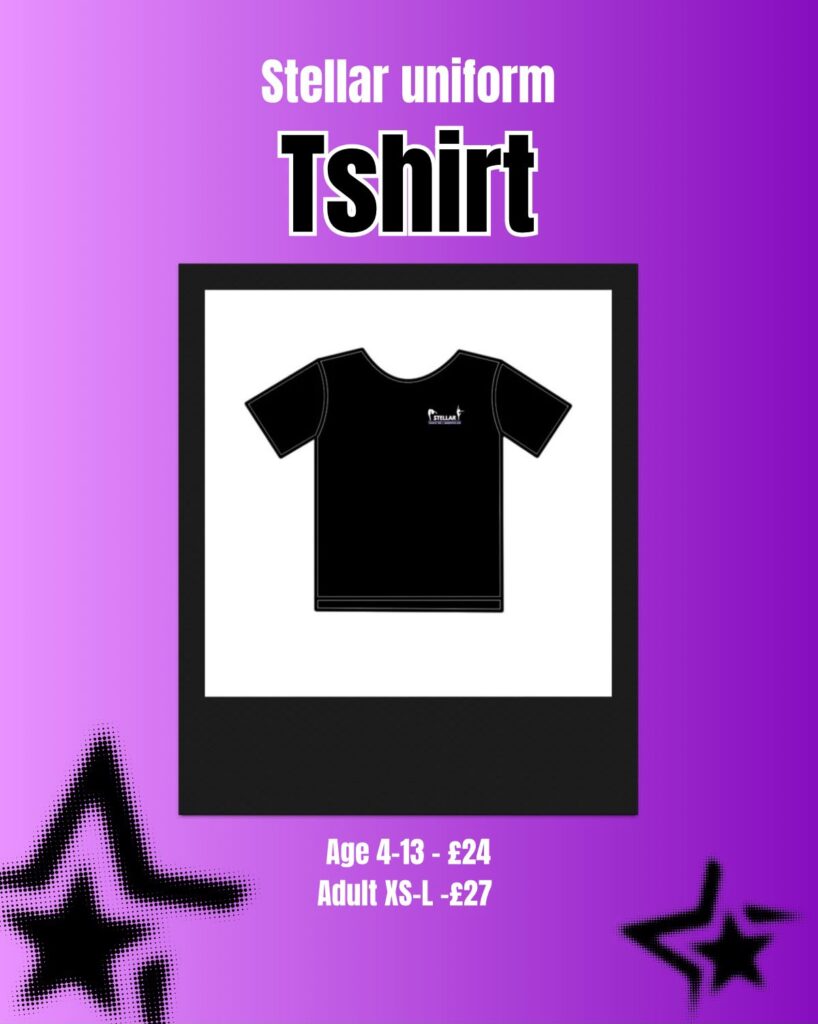 Stellar uniform T-shirt advertisement on a purple background; black T-shirt image inside a frame, with prices (£24 ages 4–13, £27 adults).