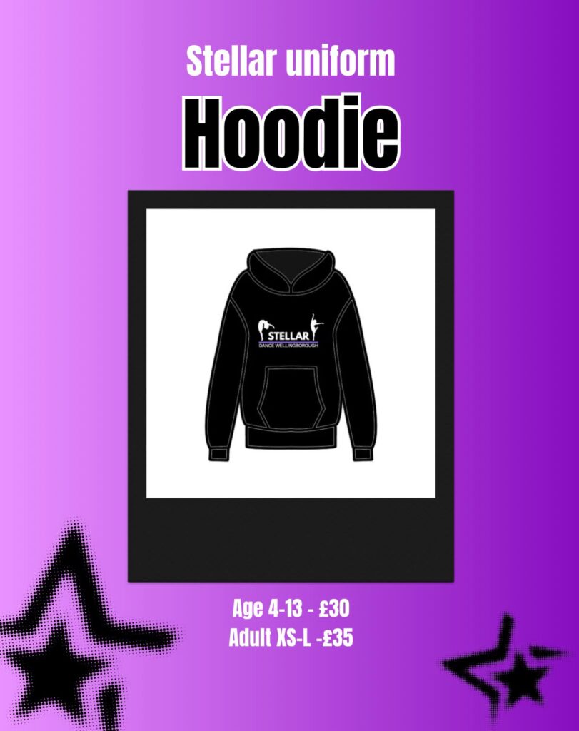 Poster advertising a black hoodie with 'STELLAR' logo on a purple gradient background; includes size and price details (Age 4-13 £30; Adult XS-L £35).