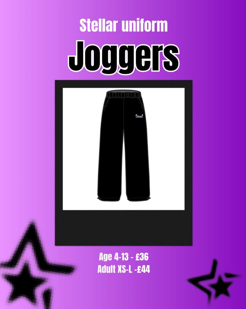 Purple gradient poster advertising 'Stellar uniform Joggers' with a black pair of joggers on a white framed display; pricing: Ages 4–13 £36, Adults XS–L £44.