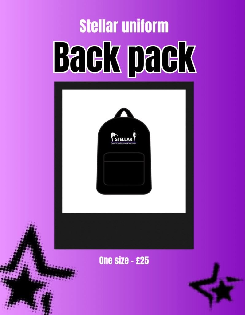 Promotional poster for a Stellar uniform backpack; black backpack displayed on a white frame with a purple background, price £25