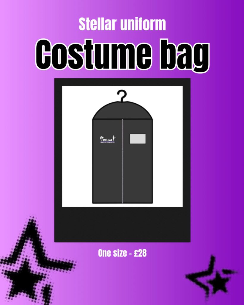 Poster advertising a Stellar Uniform costume bag: a black garment bag illustration on a white frame, with price 'One size - £28' visible.