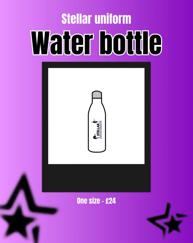 Poster-style image advertising a white Stellar water bottle with a black outline, centered inside a black-framed white square on a purple gradient background with 'Stellar uniform' text and price 'One size - £24' below.