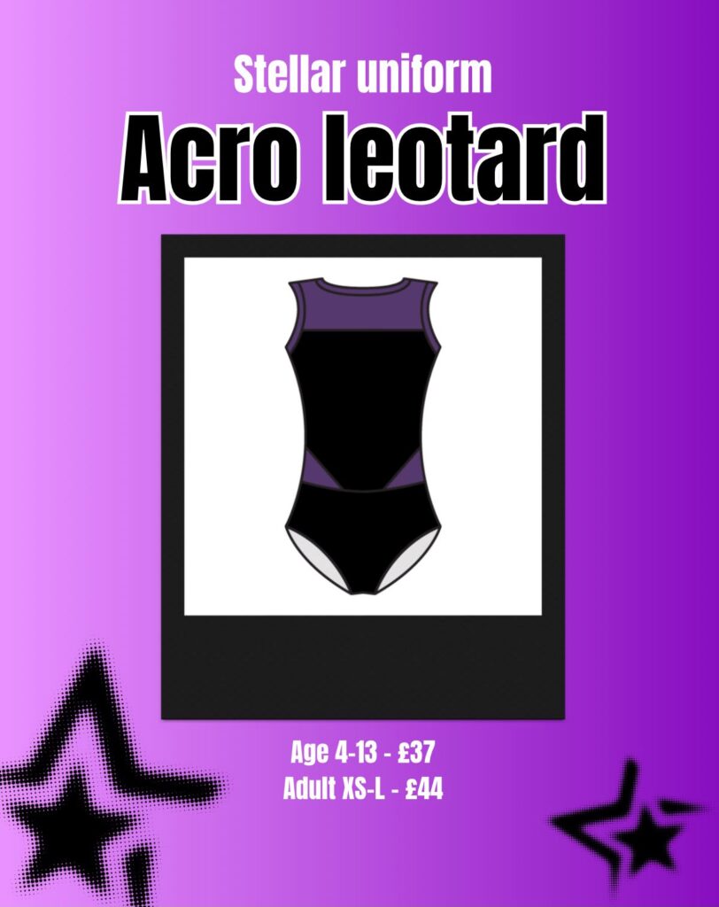 Poster advertising a purple and black Aero leotard on a display frame, with age ranges and prices shown at the bottom.
