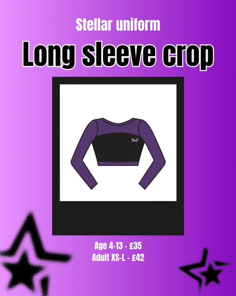 Poster advertising Stellar Uniform: a purple long-sleeve crop top illustration on a gradient purple background with size options and prices (ages 4–13 £35; adults XS–L £42).