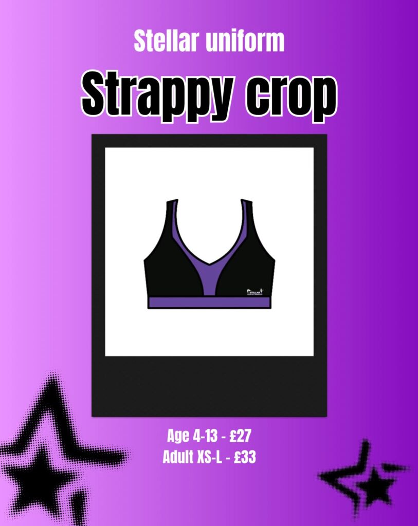 Product poster for a black and purple strappy crop top; large 'Strappy crop' title with 'Stellar uniform' above, prices and sizes listed at the bottom.