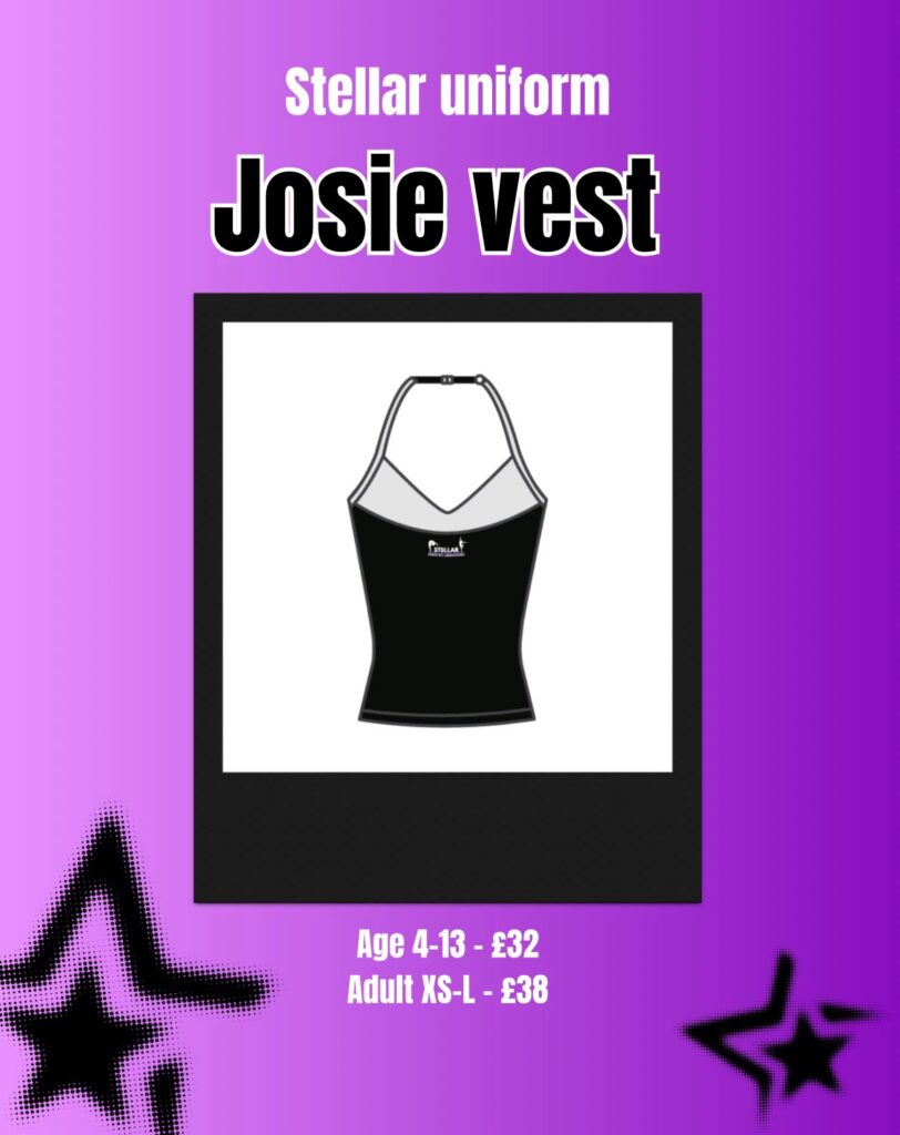 Poster for Stellar Uniform: Josie vest, a black sleeveless top with grey neckline, showcased on a frame, with price and size details nearby