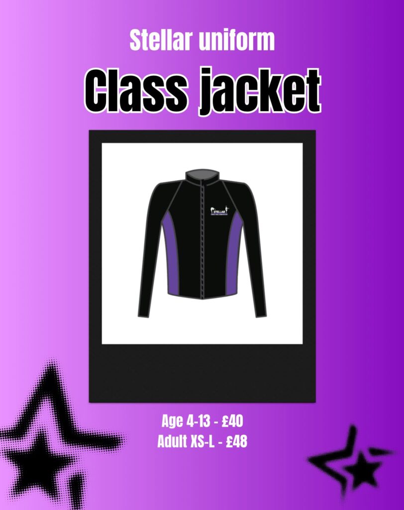 Promotional poster for Stellar uniform class jacket featuring a black and purple jacket illustration inside a framed square on a purple gradient background.